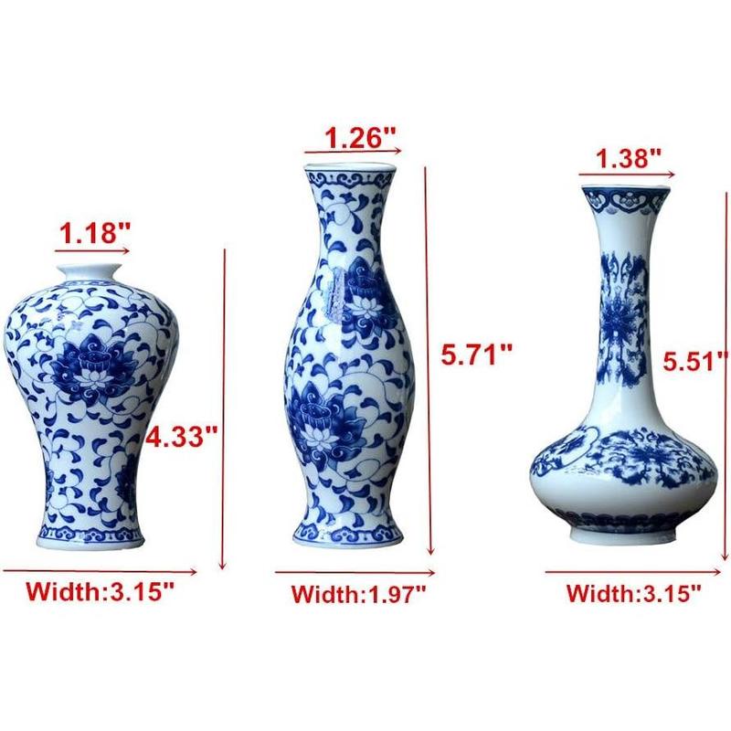 Set of 3 Small Blue & White Porcelain Vases, Fambe Glaze Porcelain Vases Set of 3, Classic Ceramic Flower Vases for Home Decor