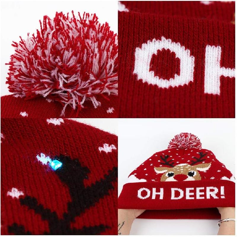 LED Christmas Hat, Light Up Christmas Hat Unisex Knitted Beanie Holiday Hat with Deer Printing for Party (Red Blue) Masks Colorful Gift