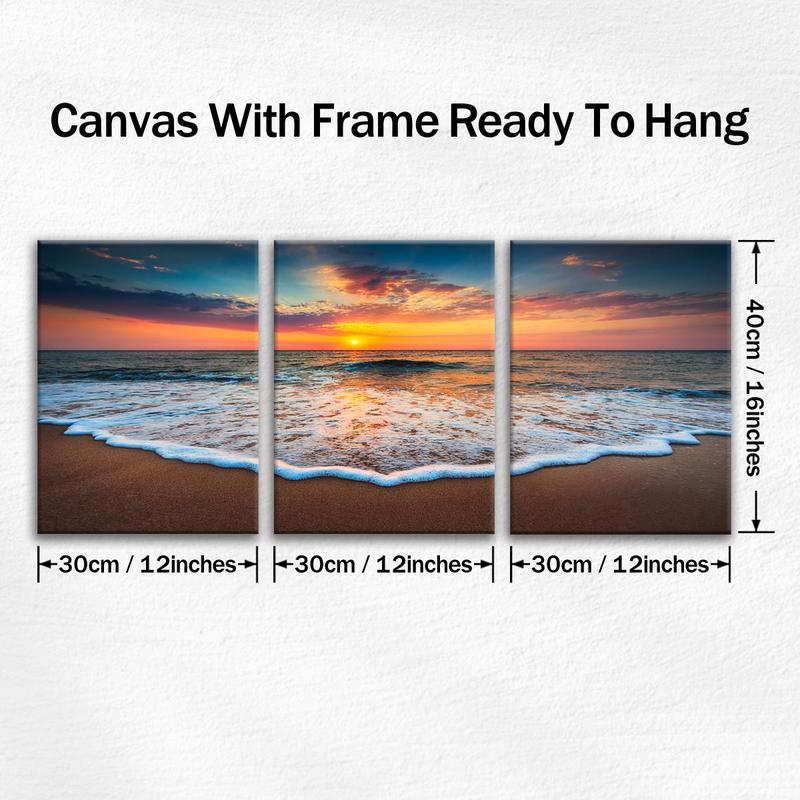 Framed Canvas Painting, 3 Counts Beach Sunrise Natural Landscape Decorative Painting, Modern Wall Art for Home Living Room Bedroom Office Room Decor, Christmas 2024 Ornament, Christmas Gift Ideas, Stocking Stuffers