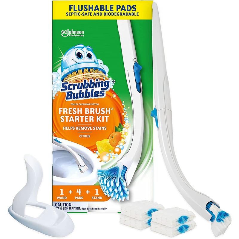 Scrubbing Bubbles Fresh Brush Starter Toilet Cleaning Kit, Toilet Cleaning System Including- 1 Toilet Bowl Brush + 1 Toilet Brush Stand + 4 Toilet Cleaner Refill Pads SC Johnson