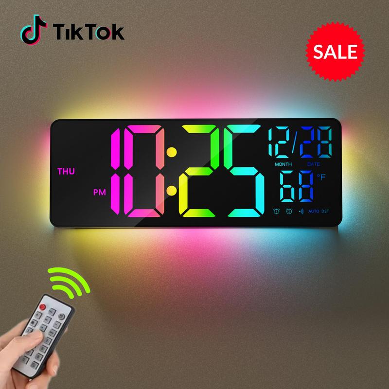 Game Room Wall Clock, RGB Display, Remote Control, 13'' Big Size, Garage Clock, Auto DST, Adjustable Brightness, Large Number Decor