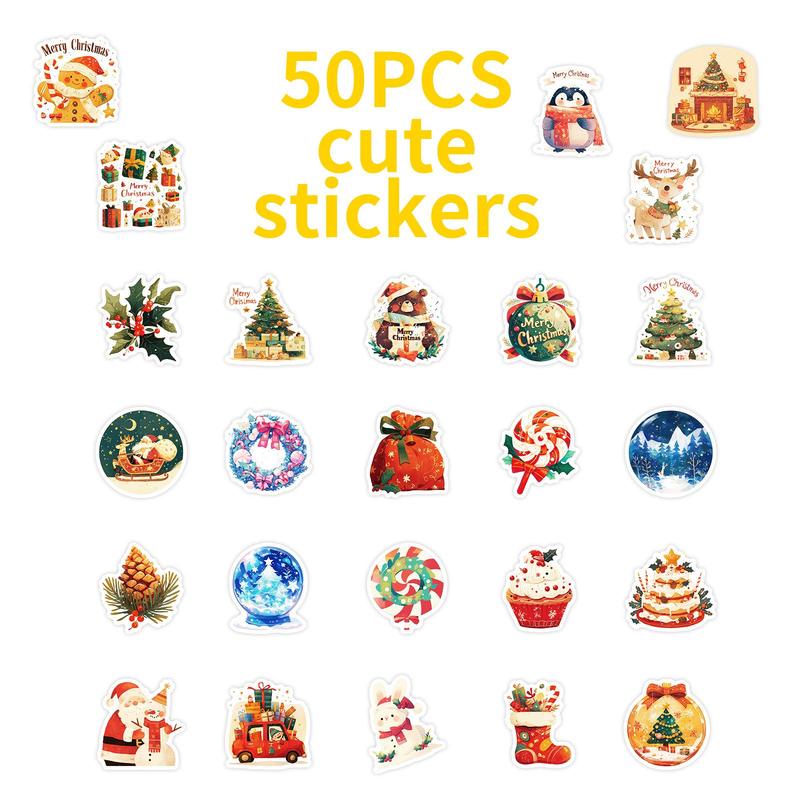 Christmas Series Sticker, 50pcs set Waterproof Self Adhesive Decor Paper, Decor Sticker for Gift Greeting Card Water Bottle Laptop Phone