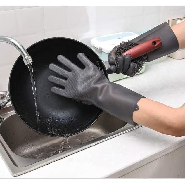 Silicone Dishwashing Gloves, Rubber Scrubbing Gloves, Sponge Cleaning Brush for Dishes Housework, Kitchen, Cars