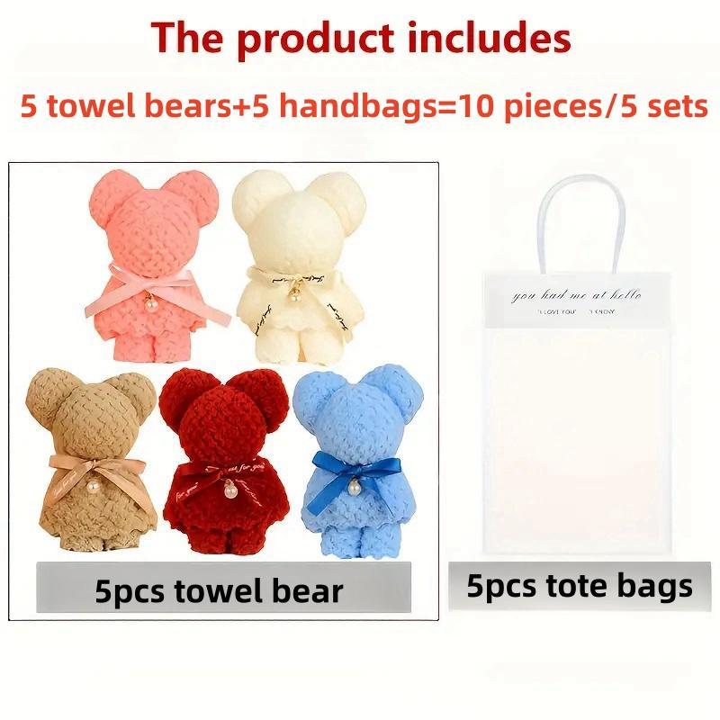 Random Color Cute Bear Design Bath Towel Set, 10pcs set Including 5 Bath Towels & 5 Clear Bags, Party Gift for Wedding, Birthday, Christmas