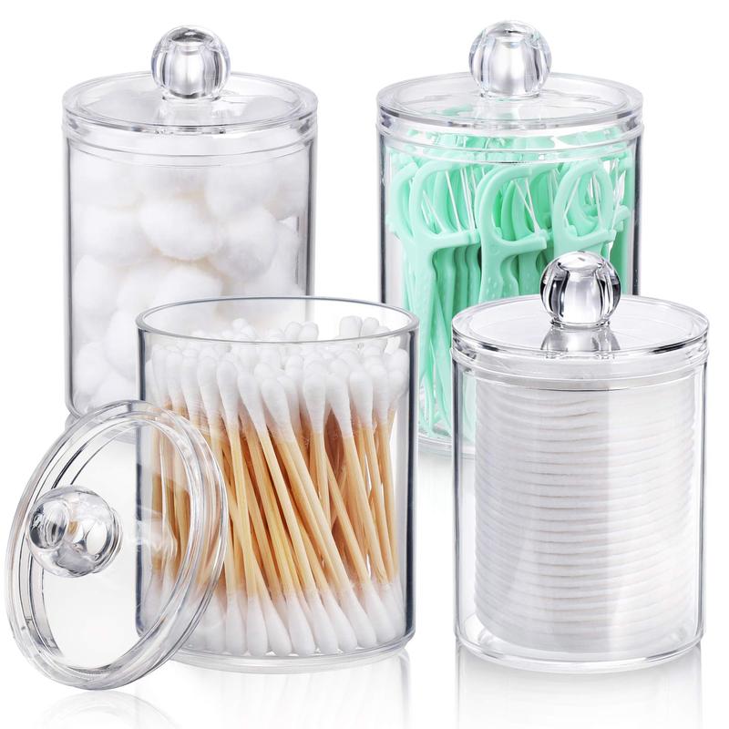 4 PACK Qtip Holder Dispenser for Cotton Ball, Cotton Swab, Cotton Round Pads, Floss Picks - Small Clear Plastic Apothecary Jar Set for Bathroom Canister Storage Organization, Vanity Makeup Organizer Bottles Tin Containers