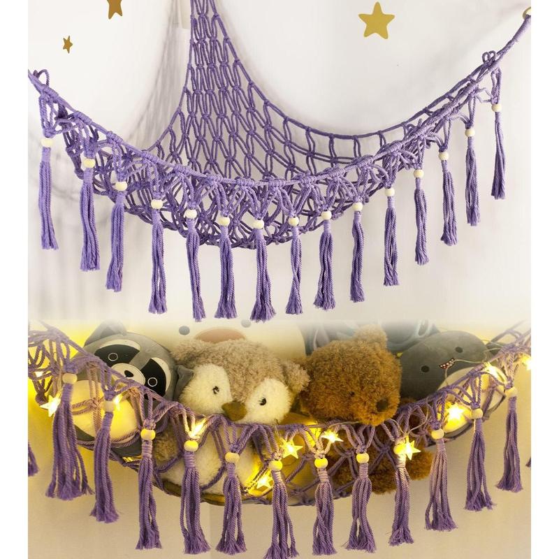 Stuffed Animal  Storage Hammock with LED Light - Macrame Jumbo Doll Room Corner Organizer Mesh Decorations - Hanging Storage Nets  Bedroom(Beads)