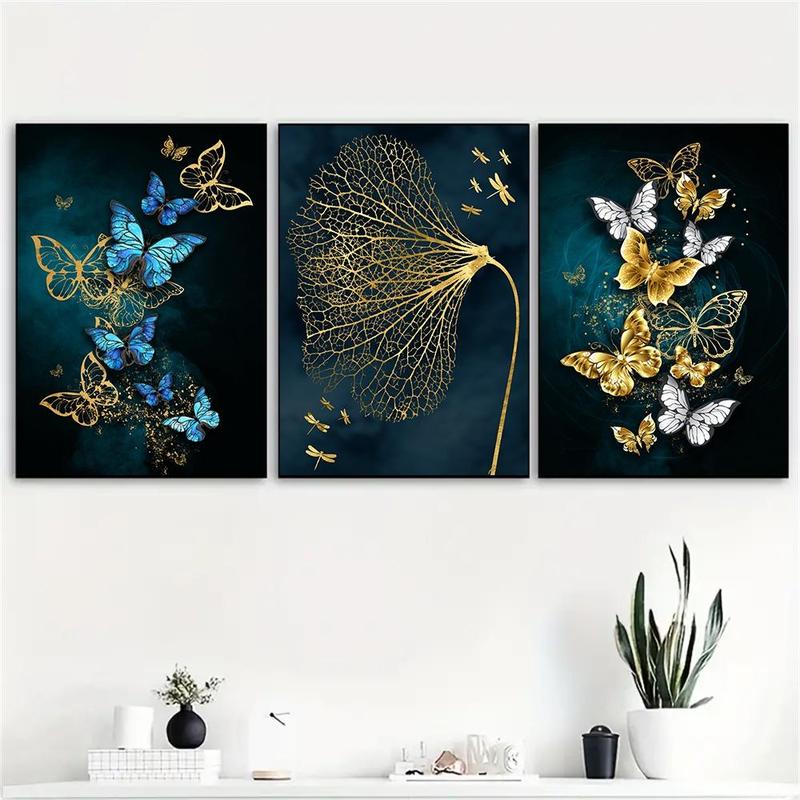 Butterfly & Leaf Pattern Canvas Painting without Frame (3pcs), Modern Style Canvas Wall Art, Wall Art Decor for Home Living Room & Bedroom