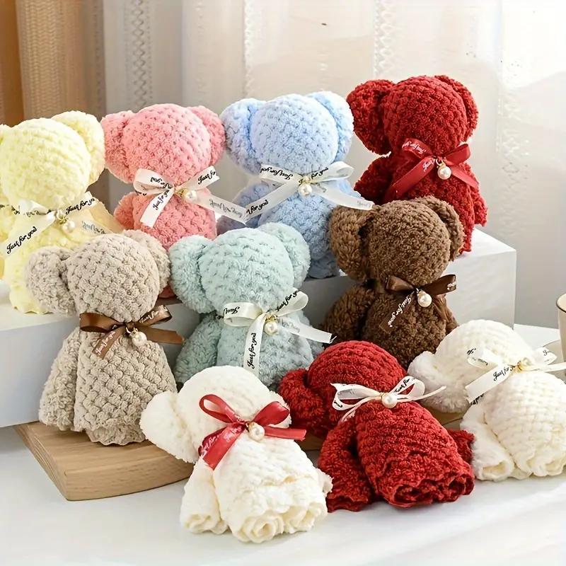 Random Color Cute Bear Design Bath Towel Set, 10pcs set Including 5 Bath Towels & 5 Clear Bags, Party Gift for Wedding, Birthday, Christmas