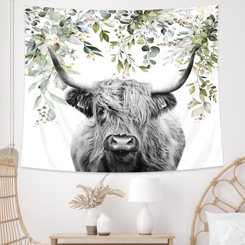 AMBZEK Highland Cow Tapestry 51Hx59W Inch Farmhouse Eucalyptus Leaves Bull Western Farm Country Rustic Cattle Animal Wildlife Plant Botanical Funny Wall Hanging Bedroom Living Room Dorm Decor Fabric Cloth Table