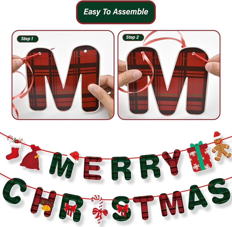 Merry Christmas Banner- Xmas Banners Bunting with Gingerbread Socks Signs, Red Green Paper Hanging Banner Felt Garland for Christmas Outdoor Indoor Home Mantle Fireplace Decor and Party Decorations