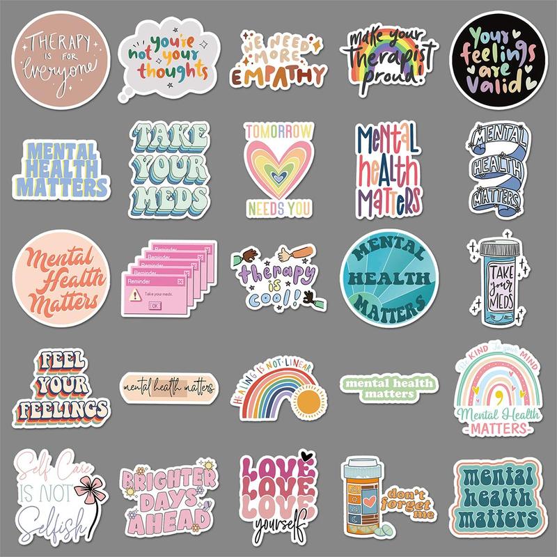 Mental Health Themed Sticker (50pcs), Waterproof Self Adhesive Decorative Sticker, Decor Sticker for Gift Greeting Card Water Bottle Laptop Phone Scrapbooking Journal Making