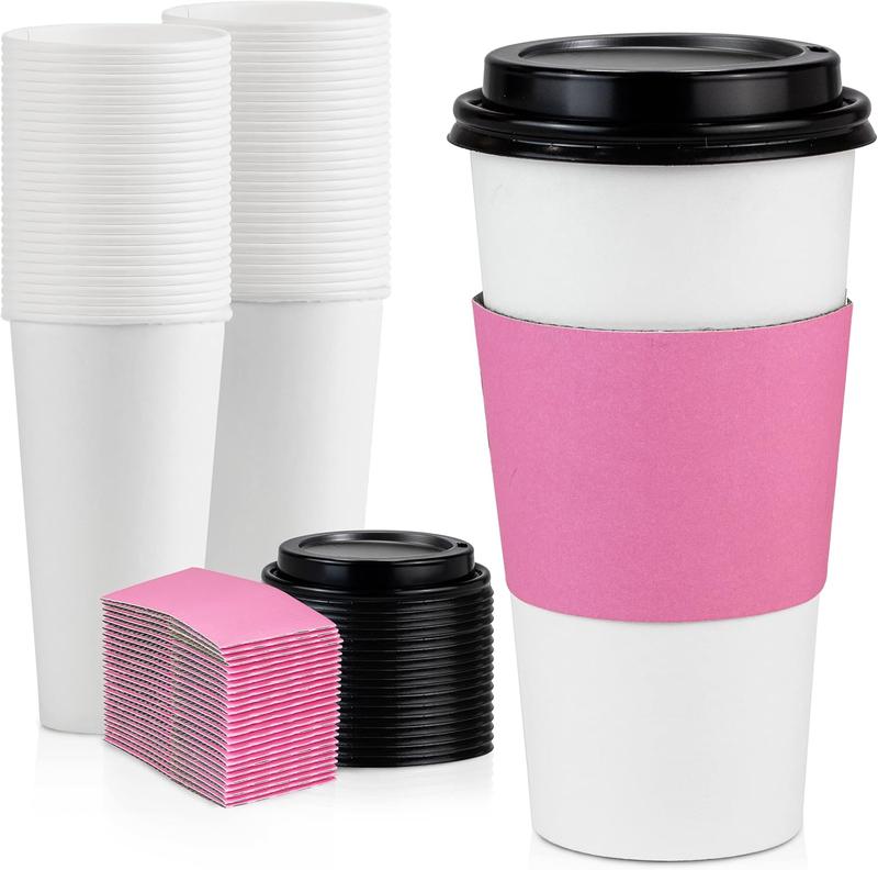 50 Pack 20 oz Disposable Coffee Cups with Lids, Pink Sleeves & Stirrers, Lead-Proof Sturdy  Coffee Cups with Lids, Pink Hot Paper Cups for Party, Wedding, Birthday (Black Lids)