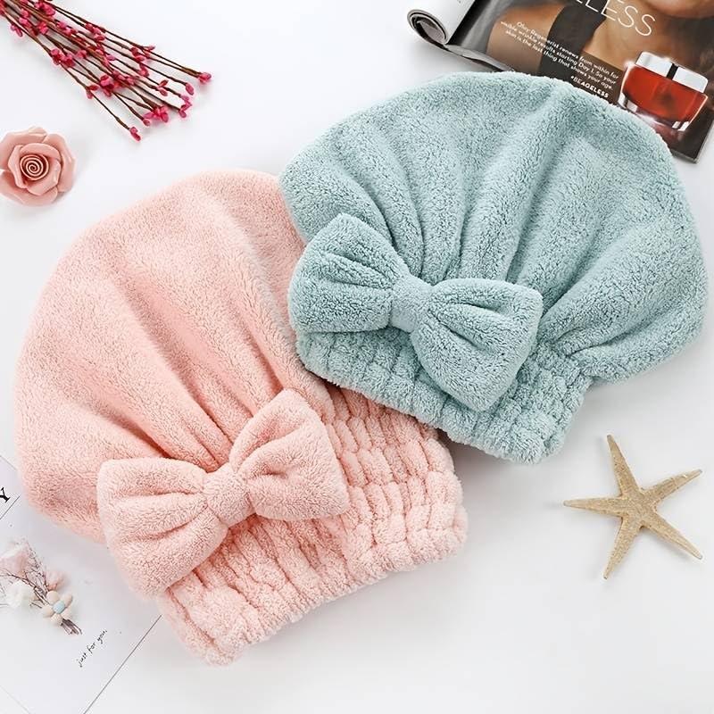 Hair Drying Cap, 2pcs Bow Decor Hair Towel, Solid Color Hair Wrap for Women Girls