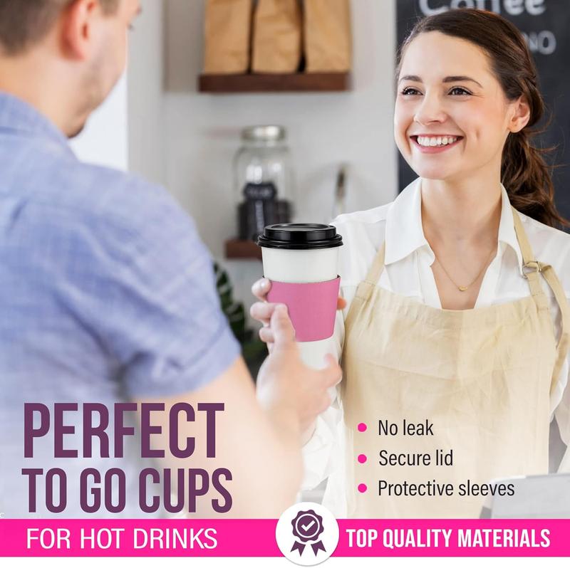 50 Pack 20 oz Disposable Coffee Cups with Lids, Pink Sleeves & Stirrers, Lead-Proof Sturdy  Coffee Cups with Lids, Pink Hot Paper Cups for Party, Wedding, Birthday (Black Lids)