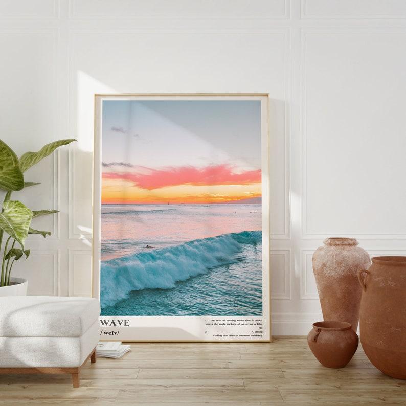 Waves Wall Art, Blue Coastal Sunset Waves Poster, Ocean Photography Poster, Aesthetic Dorm Room Wall Decor