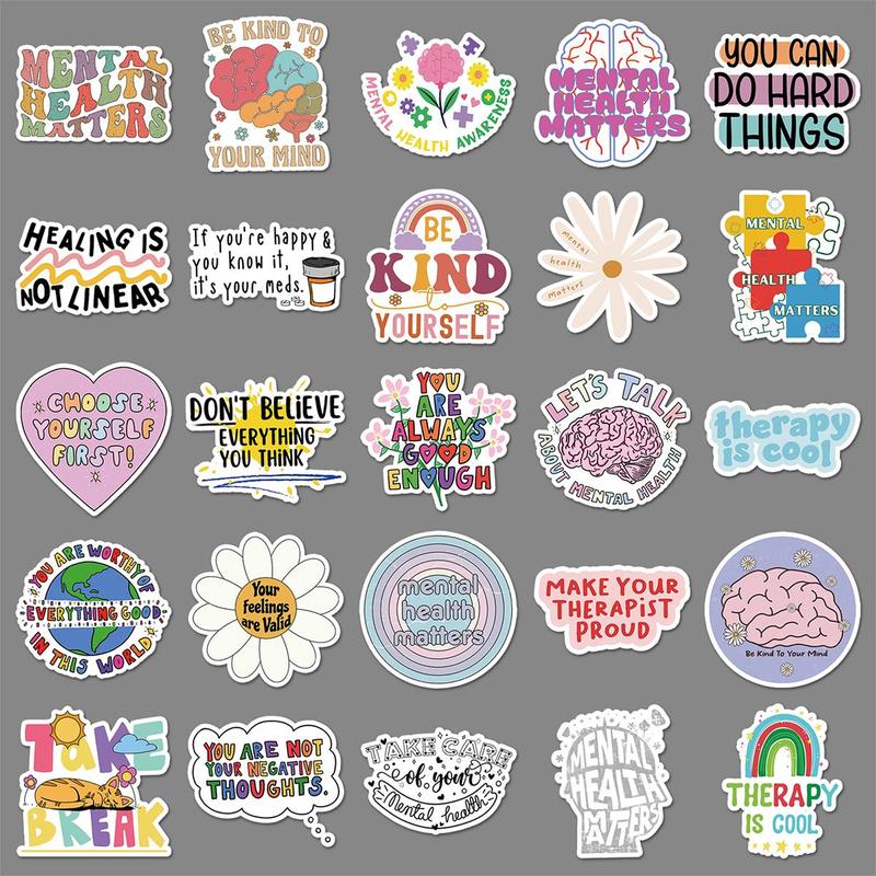 Mental Health Themed Sticker (50pcs), Waterproof Self Adhesive Decorative Sticker, Decor Sticker for Gift Greeting Card Water Bottle Laptop Phone Scrapbooking Journal Making