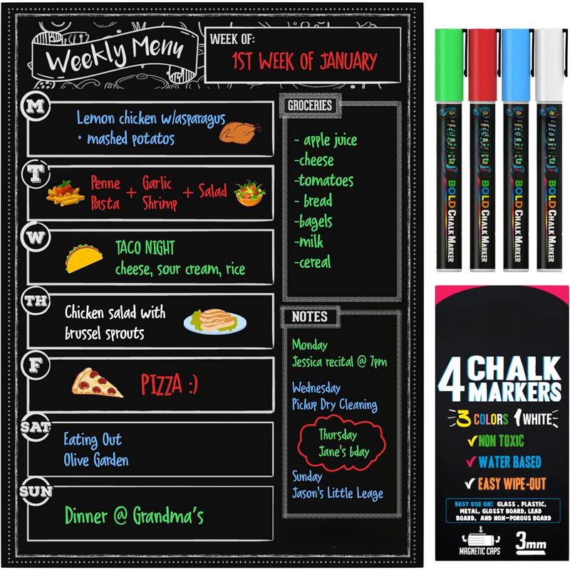 Magnetic Dry Erase Menu Board for Fridge includes 4 Liquid Chalk Markers - Weekly Meal Planner Blackboard, Grocery List and Notepad for Kitchen Refrigerator - Chalkboard Magnet Decor