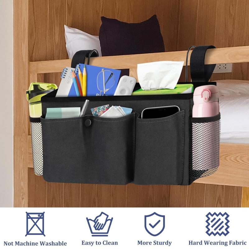 Bedside Caddy with Adjustable Velcro Strap & Detachable Hooks, Bedside Storage Organizer, Bunk Bed Accessories with Cup Holder Mesh Bags, Phone Bag, Pocket with A Popper (Medium Size)