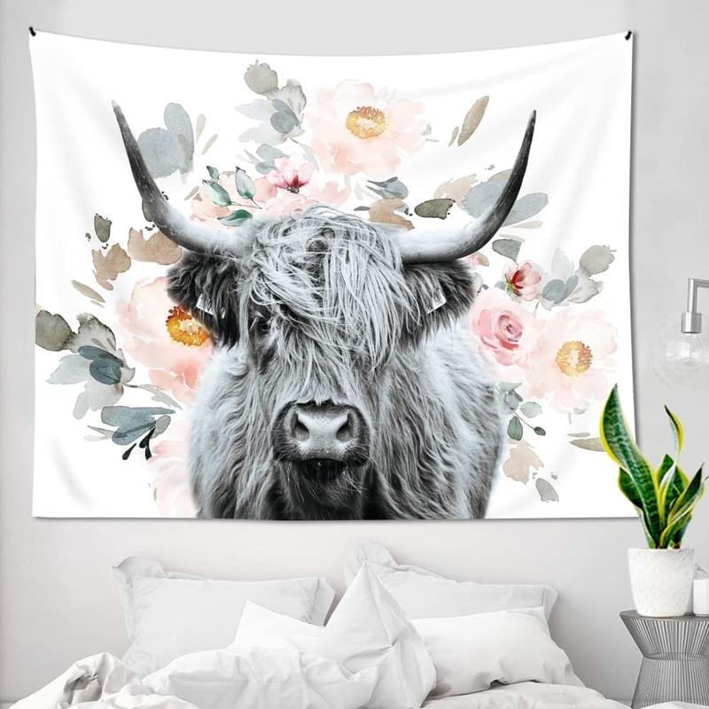 AMBZEK Highland Cow Tapestry 51Hx59W Inch Farmhouse Eucalyptus Leaves Bull Western Farm Country Rustic Cattle Animal Wildlife Plant Botanical Funny Wall Hanging Bedroom Living Room Dorm Decor Fabric Cloth Table