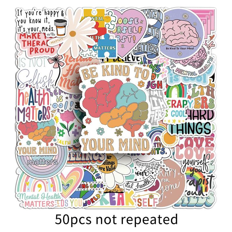 Mental Health Themed Sticker (50pcs), Waterproof Self Adhesive Decorative Sticker, Decor Sticker for Gift Greeting Card Water Bottle Laptop Phone Scrapbooking Journal Making