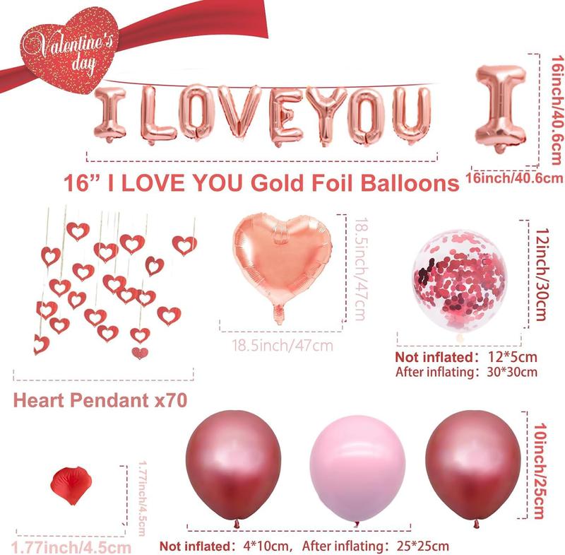 Romantic Valentine's Day Balloons Decorations Set - Heart Shaped and 'I LOVE YOU' Foil Balloons, Pink & Rose  & Confetti Latex Balloons, Pendants, and Rose Petals for Wedding Propose Party Favors