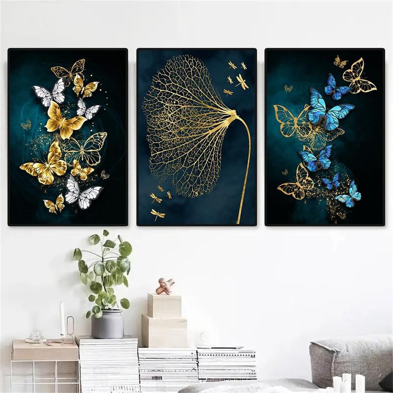 Butterfly & Leaf Pattern Canvas Painting without Frame (3pcs), Modern Style Canvas Wall Art, Wall Art Decor for Home Living Room & Bedroom