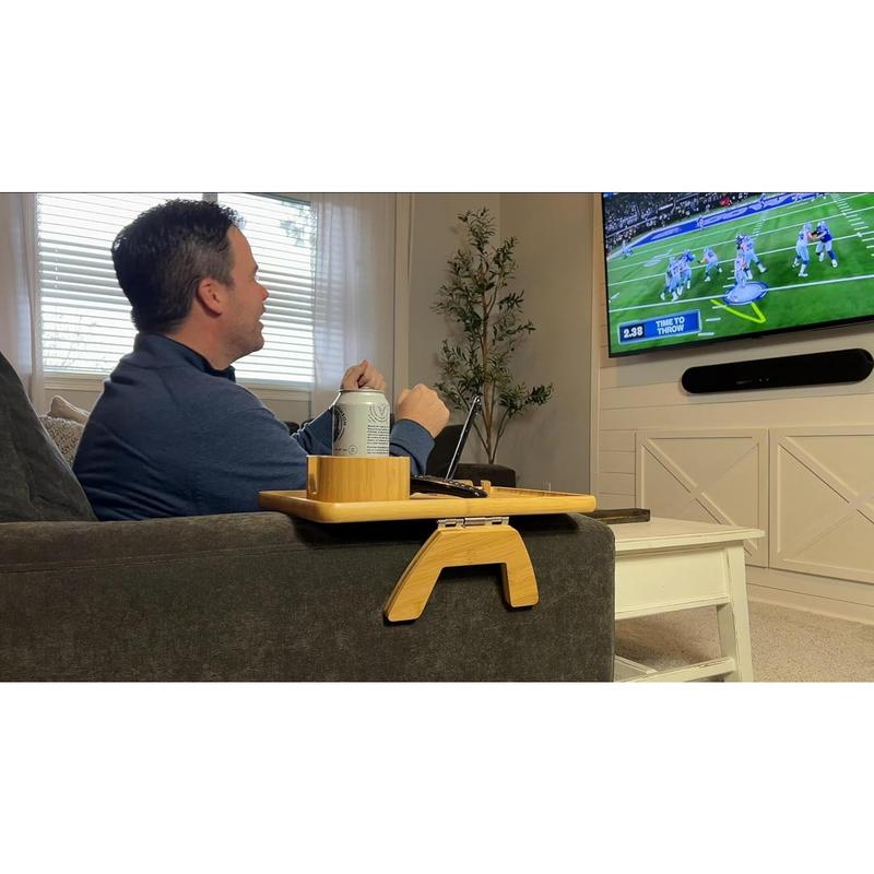 Bamboo Couch Arm Tray, TV Dinner Tray for Sofa Loveseats with Cup Holder Phone Tablet Holder, Clip on Armrest Side End Table Replacement for Meal Drink Remote Glasses, with Raised Edges