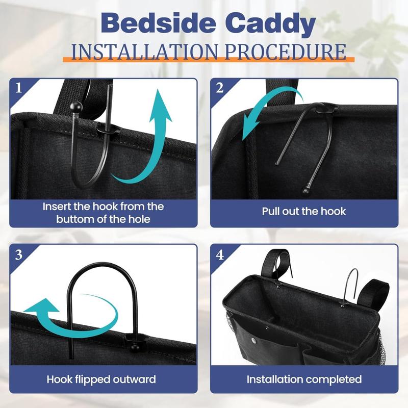 Bedside Caddy with Adjustable Velcro Strap & Detachable Hooks, Bedside Storage Organizer, Bunk Bed Accessories with Cup Holder Mesh Bags, Phone Bag, Pocket with A Popper (Medium Size)