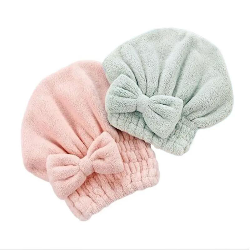 Hair Drying Cap, 2pcs Bow Decor Hair Towel, Solid Color Hair Wrap for Women Girls