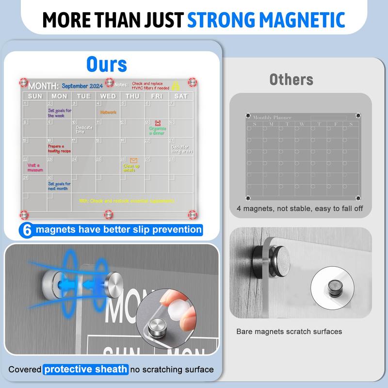 Acrylic Fridge Calendar, Magnetic Calendar for Refrigerator, Clear Monthly Planner with 8 Color Markers, Planning Board, Dry Erase Calendar-14.5 * 11.5''