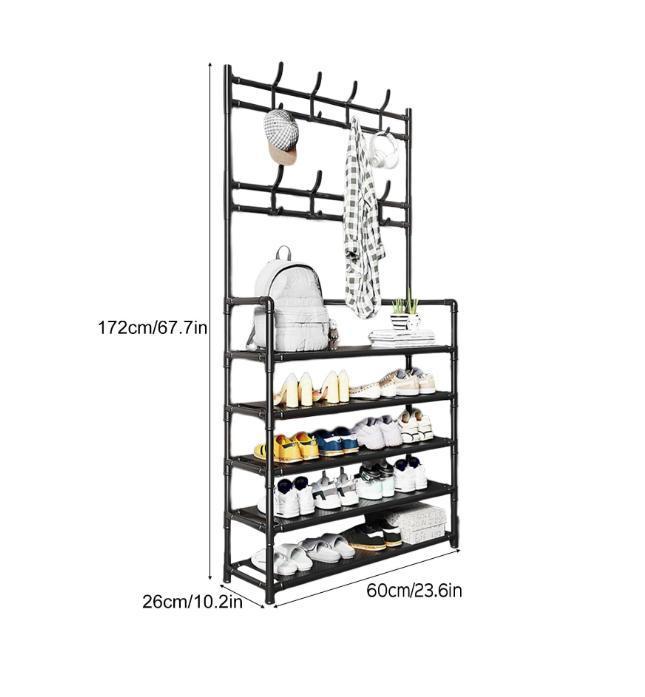 Entryway Freestanding Coat Rack,3-in-1 Hall Tree Multifunctional Storage Shelf with 5Tier Shoe Bench and 8 Hooks,Easy Assembly,for Entrance Foyer Bedroom Barthroom(Black),Christmas Gifts Boxes Hanger