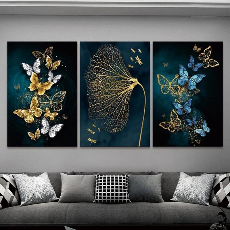 Butterfly & Leaf Pattern Canvas Painting without Frame (3pcs), Modern Style Canvas Wall Art, Wall Art Decor for Home Living Room & Bedroom