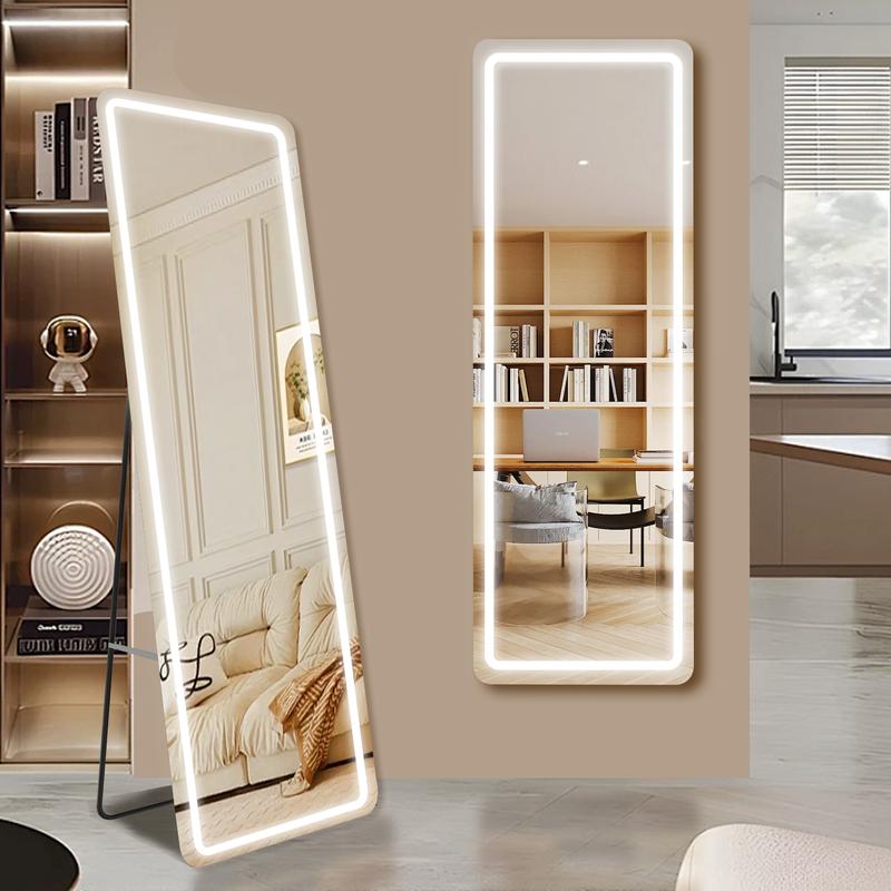 Floor Mirror with LED Light - 64” x 21” full-length mirror featuring a stand, dimming options, and three color lighting. This versatile mirror can be wall-mounted or used freestanding, making it perfect for full-body viewing in the living room, bedroom.