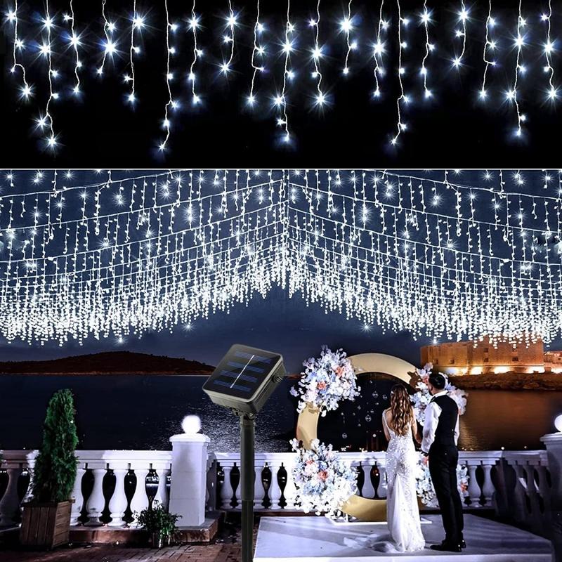 Solar Outdoor Light with 8 Modes Icicle Lights, 1 Count Solar 96 LED Christmas Lights Outdoor with 16 Drops, Gaming Lights, Waterproof Fairy String Lights for Party, Holiday, Wedding & Garden Decor