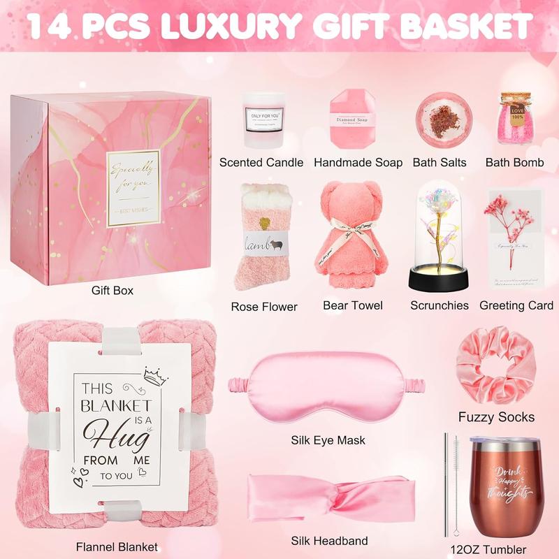 Birthday Gifts for Women, Get Well Gifts for Women, Relaxing  Gifts Care Package with Luxury Flannel Blanket, Light-Up Rose Flower,  Self Care Gift Basket for Women, Mom, Wife, Friends