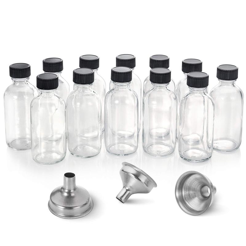 12 Pack, 2 oz Small Clear Glass Bottles w  Lid & 3 Stainless Steel Funnels - 60ml Boston Sample Bottles - Mini Travel Essential or Decorative Bottles for Potion, Juice, Wellness, Ginger Shots, Whiskey