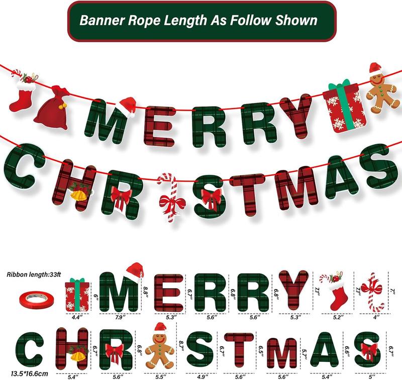 Merry Christmas Banner- Xmas Banners Bunting with Gingerbread Socks Signs, Red Green Paper Hanging Banner Felt Garland for Christmas Outdoor Indoor Home Mantle Fireplace Decor and Party Decorations