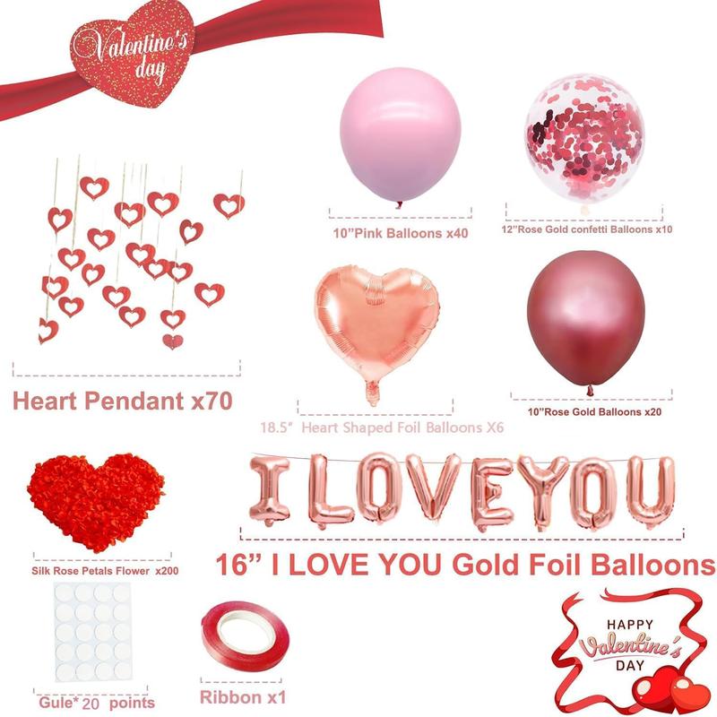 Romantic Valentine's Day Balloons Decorations Set - Heart Shaped and 'I LOVE YOU' Foil Balloons, Pink & Rose  & Confetti Latex Balloons, Pendants, and Rose Petals for Wedding Propose Party Favors