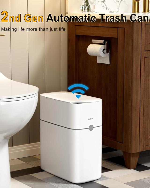 2nd Gen Automatic Trash Can Bathroom Motion Sensor Garbage Can with Soft-Close Lid,3 Gallon Automatic Bag Expanding Trash Bins,White Slim Small Garbage Cans for Narrow Place(Includes 1 Bag Roll)