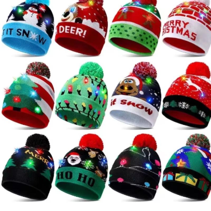 Christmas Hat Year Xmas Party Decor Creative Flashing Light Snowman Winter Warm Color Knitted Cap Christmas Gift Christmas