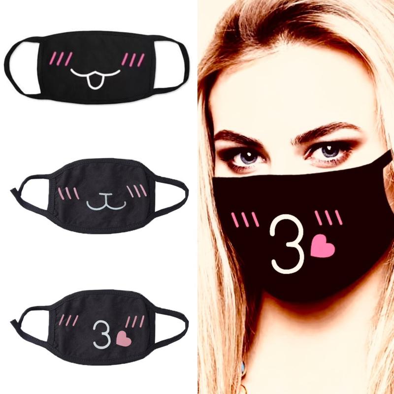 cosplay  Japanese style  cute Print Face Mask Reusable And Washable Black Face Mask For Women Men Breathable Dust Proof Mask With Adjustable Elastic Lanyards