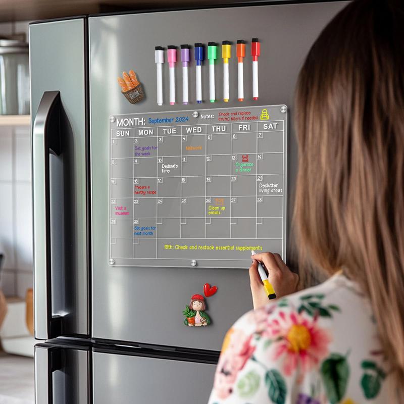 Acrylic Fridge Calendar, Magnetic Calendar for Refrigerator, Clear Monthly Planner with 8 Color Markers, Planning Board, Dry Erase Calendar-14.5 * 11.5''