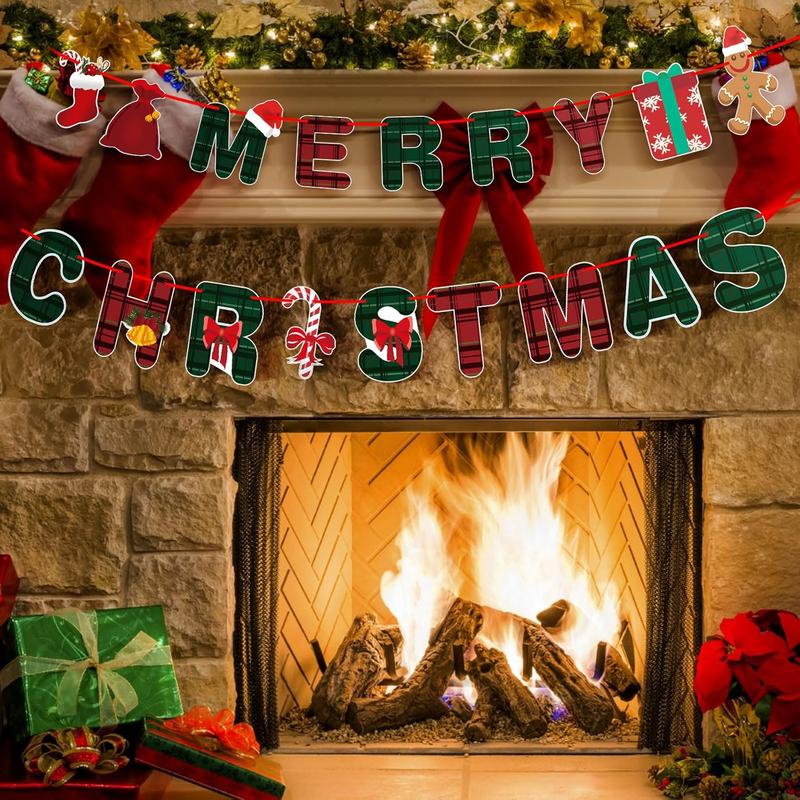 Merry Christmas Banner- Xmas Banners Bunting with Gingerbread Socks Signs, Red Green Paper Hanging Banner Felt Garland for Christmas Outdoor Indoor Home Mantle Fireplace Decor and Party Decorations