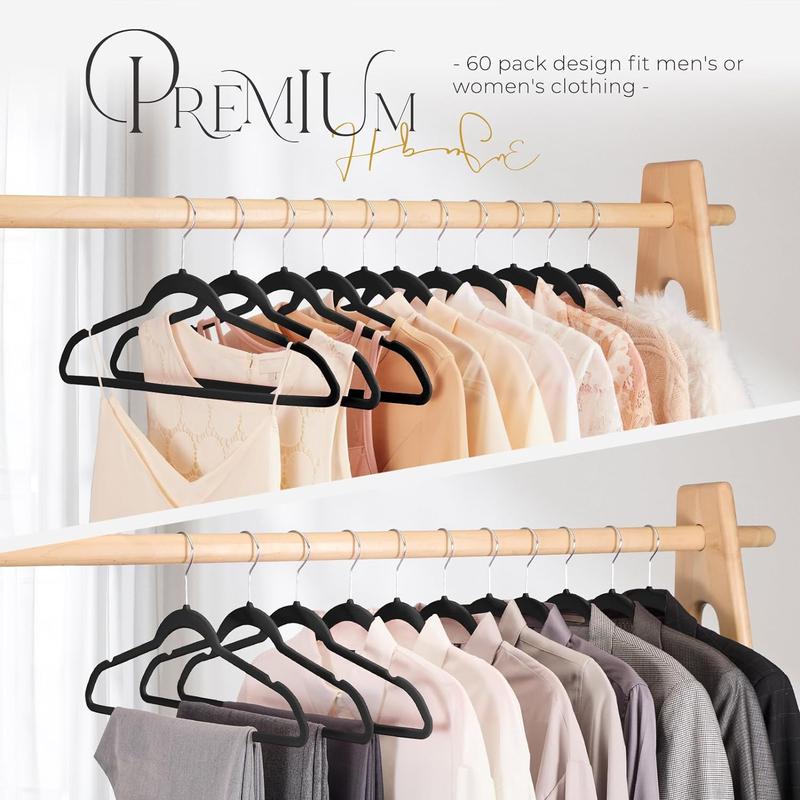 Black Velvet Hangers 60 Pack, Premium Clothes Non-Slip Felt Hangers , Sturdy Heavy Duty Coat Durable Suit for Space Saving , No Hanger Marks 360 Rotating