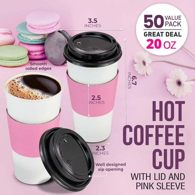 50 Pack 20 oz Disposable Coffee Cups with Lids, Pink Sleeves & Stirrers, Lead-Proof Sturdy  Coffee Cups with Lids, Pink Hot Paper Cups for Party, Wedding, Birthday (Black Lids)