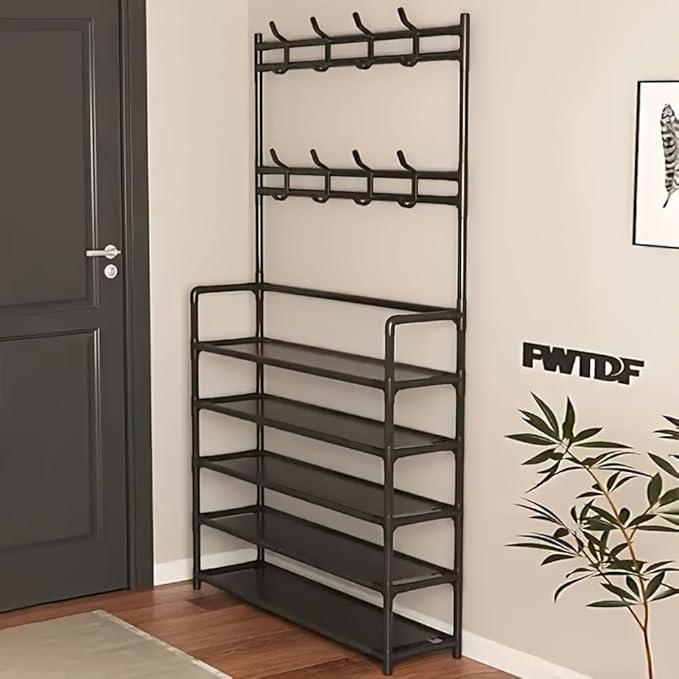 Entryway Freestanding Coat Rack,3-in-1 Hall Tree Multifunctional Storage Shelf with 5Tier Shoe Bench and 8 Hooks,Easy Assembly,for Entrance Foyer Bedroom Barthroom(Black),Christmas Gifts Boxes Hanger