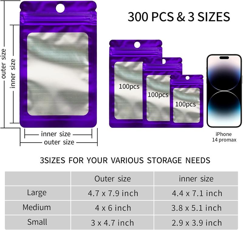 300 Pack 3 Sizes Resealable Mylar Holographic Bags  Storage Smell Proof Bags with Front Window Packaging Pouch for Cookies Sample  Snack (Purple, 3 x 4.7 in,4 x 6 in,4.7 x 7.9 in)