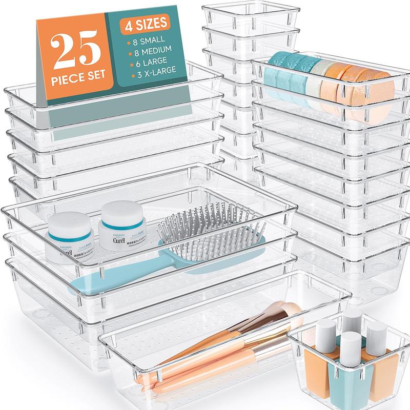 25 PCS Clear Plastic Drawer Organizer Set, 4 Sizes Desk Drawer Divider Organizers and Storage Bins for Makeup, Jewelry, Gadgets for Kitchen