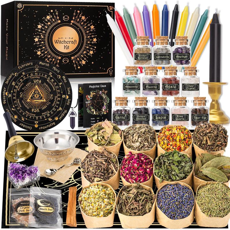 Witchcraft Supplies Witch Stuff Spell Kit 54 60 64PCS, Wiccan Supplies and Tools, Witchy Supplies Include Crystal Candle Amethyst Altar Bowl Witch Bell, Witch Gift Wiccan Starter Kit Altar Supplies Pagan Decor