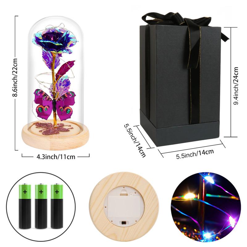 DEEMEI Room Decor Artificial Rose Flower With Glass Cover Dome,Led & Butterfly For Home Party Christmas Valentine's Day Creative Birthday Present Gift